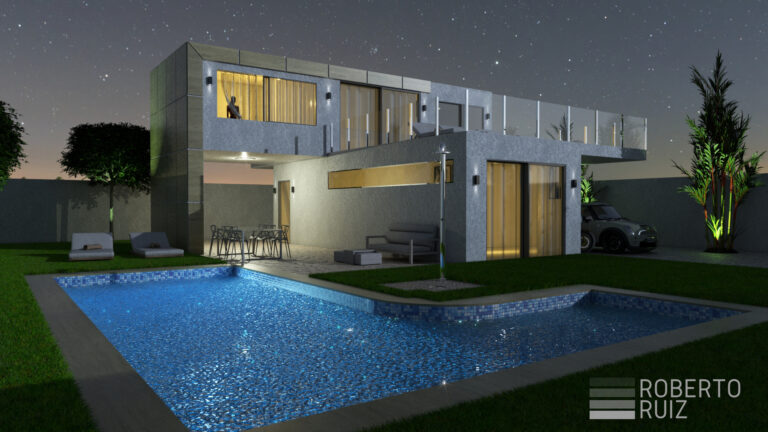Render fotorrealista arquitectura chalet en Pozuelo iluminación nocturna