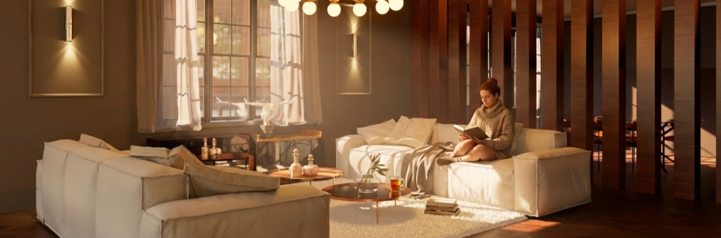 Render fotorrealista de salón con iluminación diurna