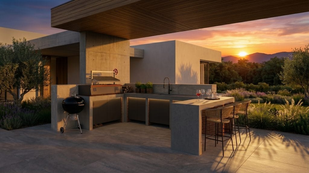Render Cocina exterior atardecer