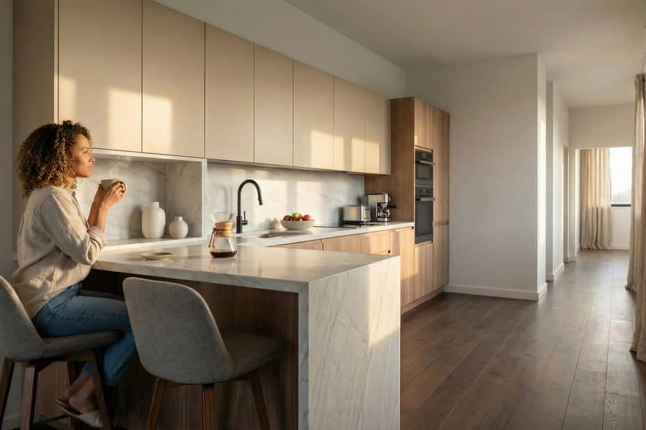 Render fotorrealista de cocina moderna para proyecto de reforma e interiorismo.